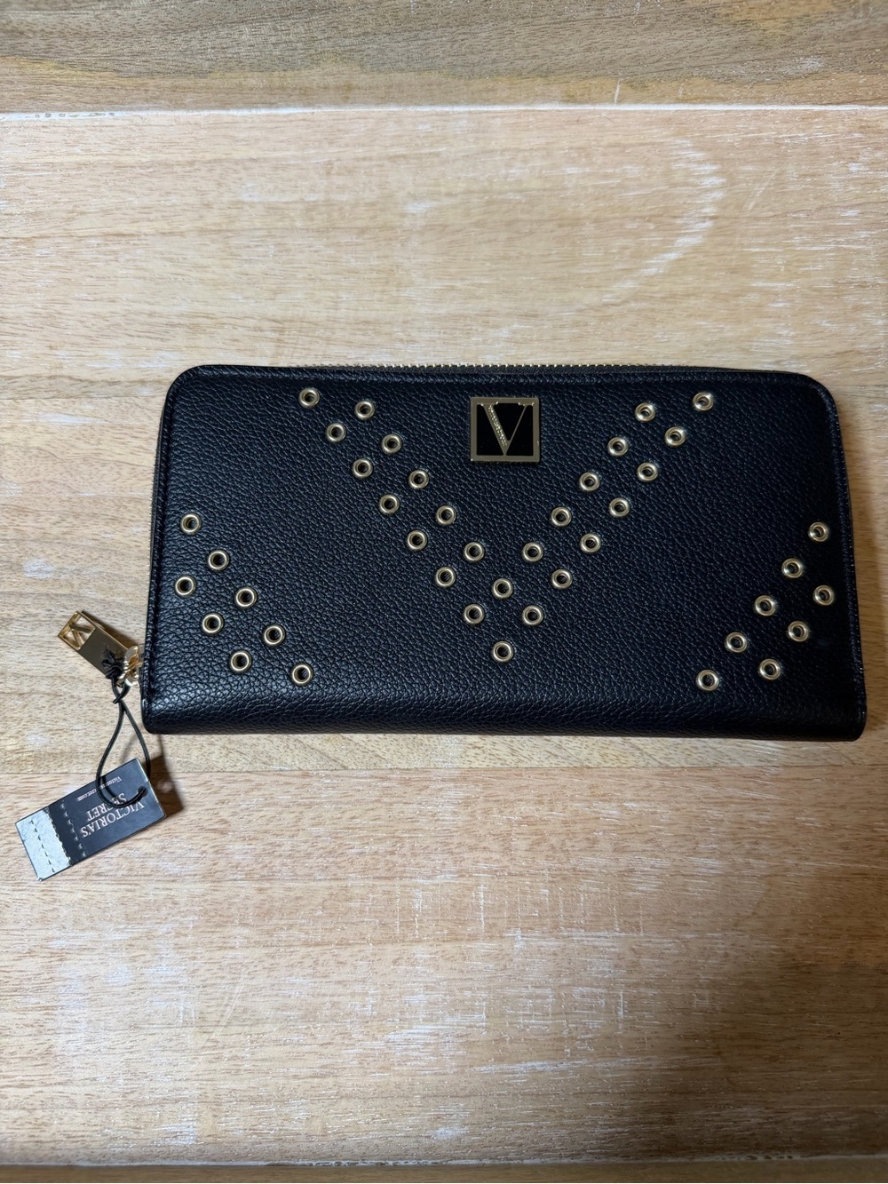 Victoria’s Secret Black Zip Around Wallet Gold Studded Logo NWT
